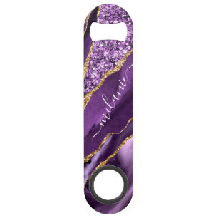 Agate Paars Violet Gold Glitter Geode Marble Name Speed Flessenopener