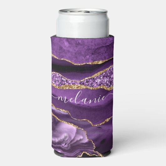 Agate Paars Violet Gold Glitter Name Koelbox Seltzer Blikjeskoeler (Seltzer Achterkant)