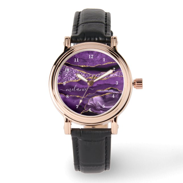 Agate Paars Violet Goud Glitter Geode Uw Naam Horloge (Voorkant)