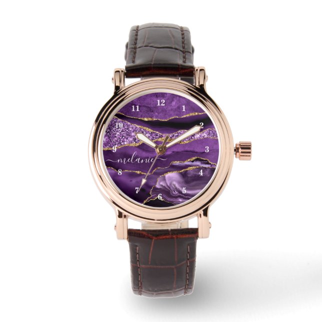 Agate Paars Violet Goud Glitter Uw Naam Horloge (Voorkant)
