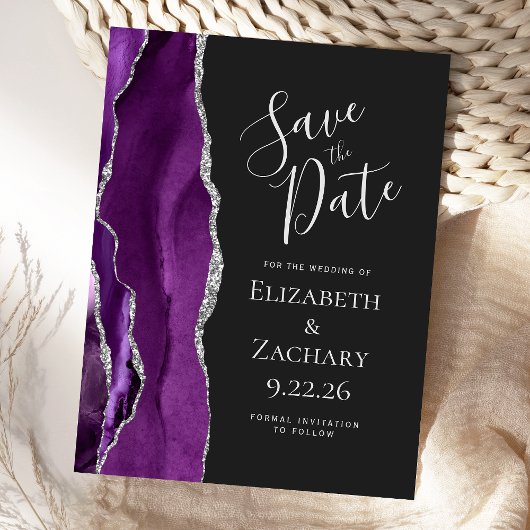 Agate Paars Zilver Donker Save the Date Briefkaart