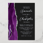 Agate Paars Zilver Script Donkere Bruiloft Folie Uitnodiging (Voorkant)