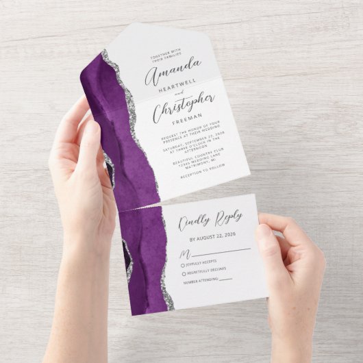 Agate Paars Zilveren Bruiloft All In One Uitnodiging (Afscheurbaar)