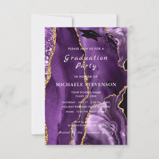 Agate Paarse Goud Afstuderen Uitnodiging Sjabloon (Voorkant)