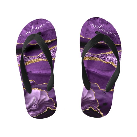Agate Paarse Gouden Aangepaste Naam Kinderslippers Kinder Teenslippers (Voetbed)