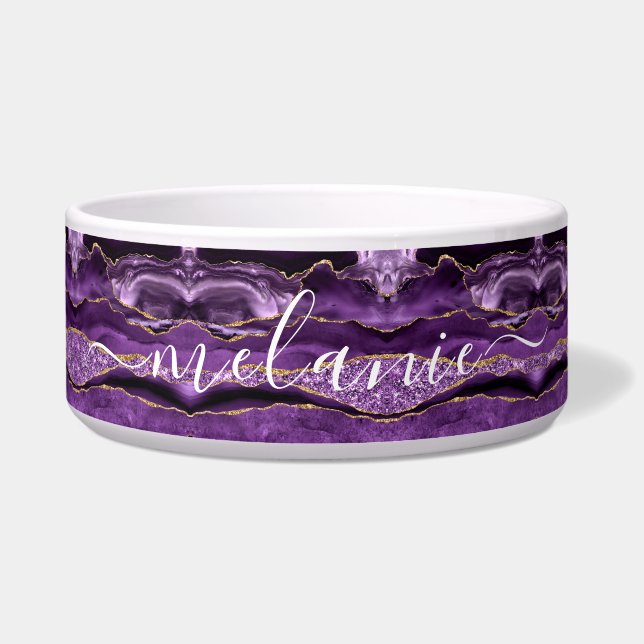 Agate Paarse Gouden Glitter Aangepaste Naam Huisdi Voerbakje (Voorkant)