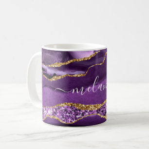 Agate Paarse Gouden Glitter Aangepaste Naam Koffie Koffiemok