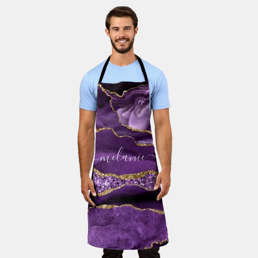 Agate Paarse Gouden Glitter Aangepaste Naam Schort (Gedragen)