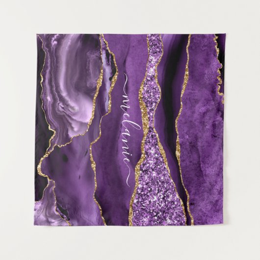 Agate Paarse Gouden Glitter Aangepaste Naam Tapest Wandkleed (Voorkant (horizontaal))