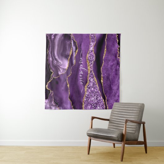 Agate Paarse Gouden Glitter Aangepaste Naam Tapest Wandkleed (In Situ (horizontaal))