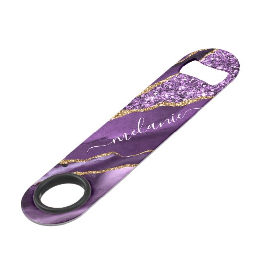 Agate Paarse Gouden Glitter Custom Naam Bar Sleute Speed Flessenopener (Voorkant Gekanteld)