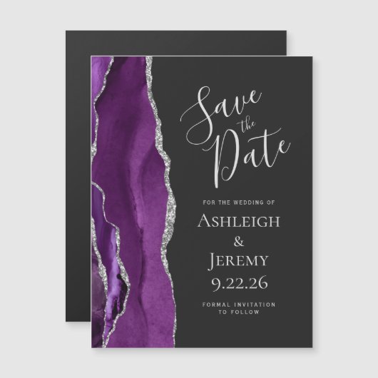Agate Paarse Silver Dark Magnetic Save the Date (Voorkant / Achterkant)