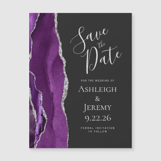 Agate Paarse Silver Dark Magnetic Save the Date (Voorkant)