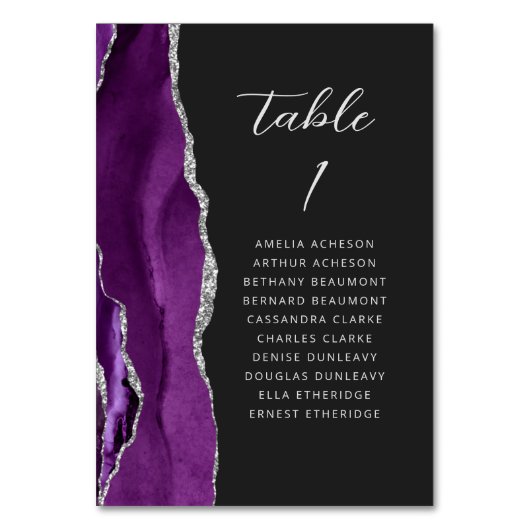 Agate Paarse Silver Modern Script Dark Wedding Kaart (Achterkant)