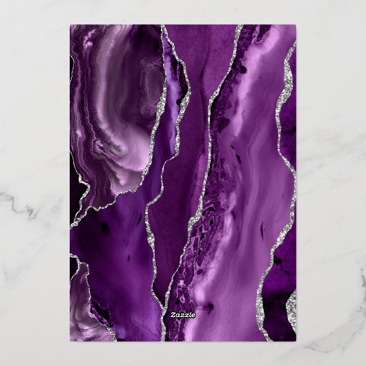 Agate Paarse Silver Script Donkere bruiloft Folie Uitnodiging (Achterkant)