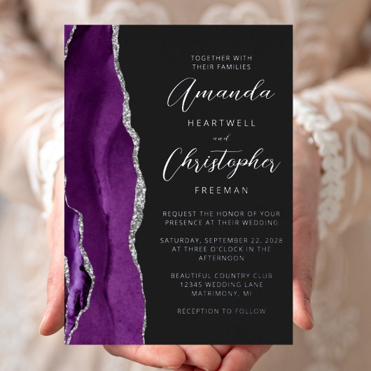 Agate Paarse Silver Script Donkere bruiloft Folie Uitnodiging