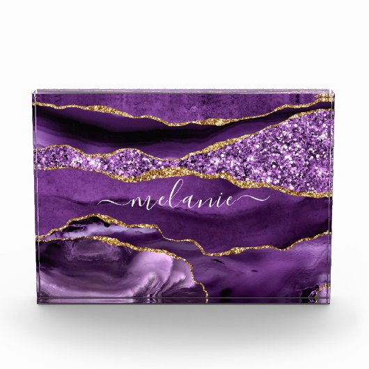Agate Paarse Violet Gold Custom Naam Fotoblok (Voorkant)