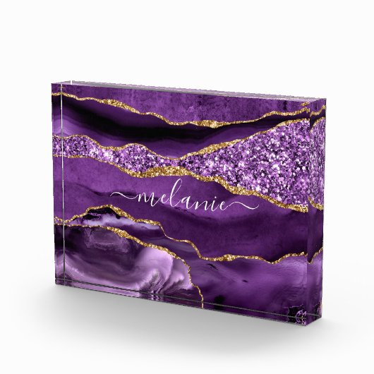Agate Paarse Violet Gold Custom Naam Fotoblok (Rechts)