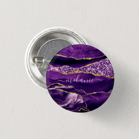 Agate Paarse Violet Gold Glitter Button Jouw naam (Voorkant /achterkant)