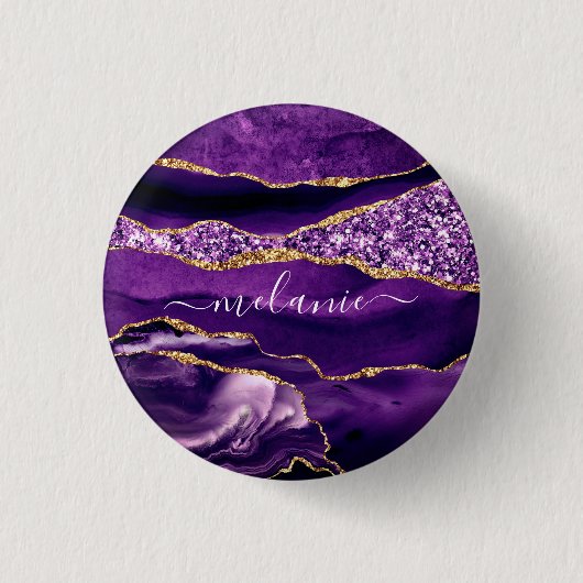 Agate Paarse Violet Gold Glitter Button Jouw naam (Voorkant)