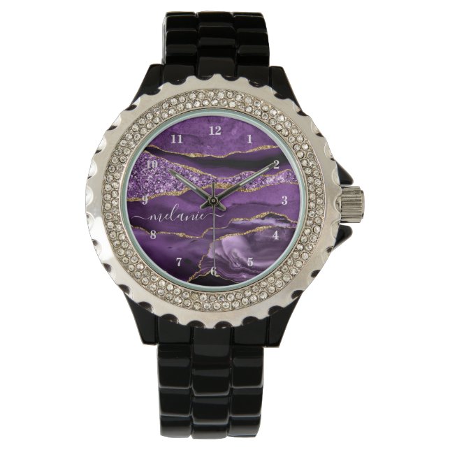Agate Paarse Violet Gold Glitter Geode Jouw naam Horloge (Voorkant)