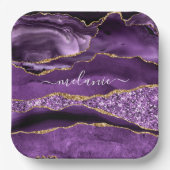 Agate Paarse Violet Gold Glitter Geode Jouw naam Papieren Bordje (Voorkant)