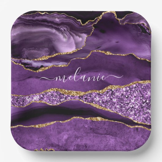 Agate Paarse Violet Gold Glitter Geode Jouw naam Papieren Bordje (Voorkant)