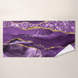 Agate Paarse Violet Gold Glitter Geode Name Bad Handdoek