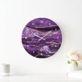 Agate Paarse Violet Gold Glitter Geode Name Clock Grote Klok (Huis)