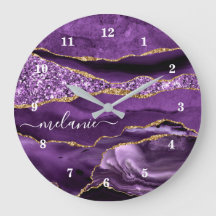 Agate Paarse Violet Gold Glitter Geode Name Clock