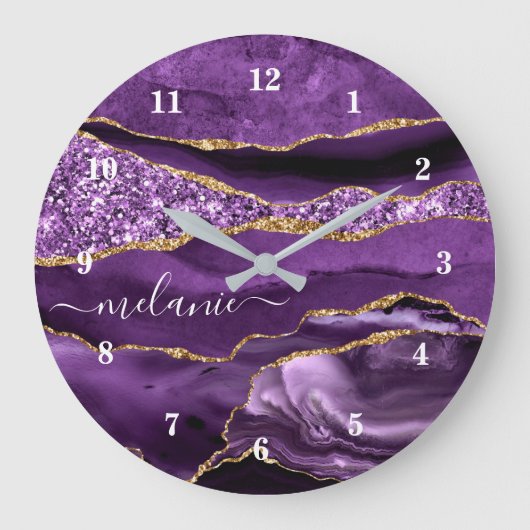Agate Paarse Violet Gold Glitter Geode Name Clock Grote Klok (Voorkant)