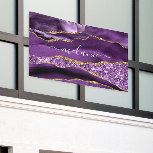 Agate Paarse Violet Gold Glitter Jouw naam Banner (Buitenkant Gebouw)