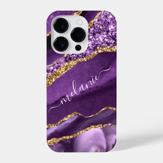 Agate Paarse Violet Gold Glitter Jouw naam iPhone Hoesje (Achterkant)