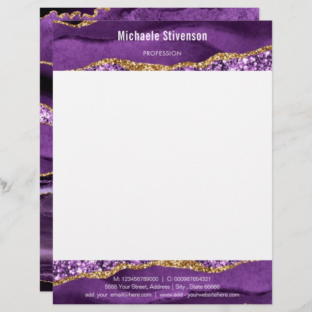 Agate Paarse Violet Gold Glitter Modern Letterhead Briefhoofd (Voorkant / Achterkant)