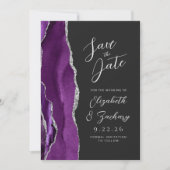 Agate Paarse zilveren script donkere bruiloft suit Save The Date (Voorkant)
