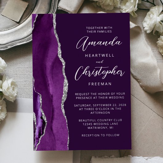 Agate Paarse Zilveren Script Plum Wedding Folie Uitnodiging