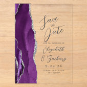 Agate Paarse Zilveren Script Trouw Save the Date Acryl Uitnodigingen (Voorkant)