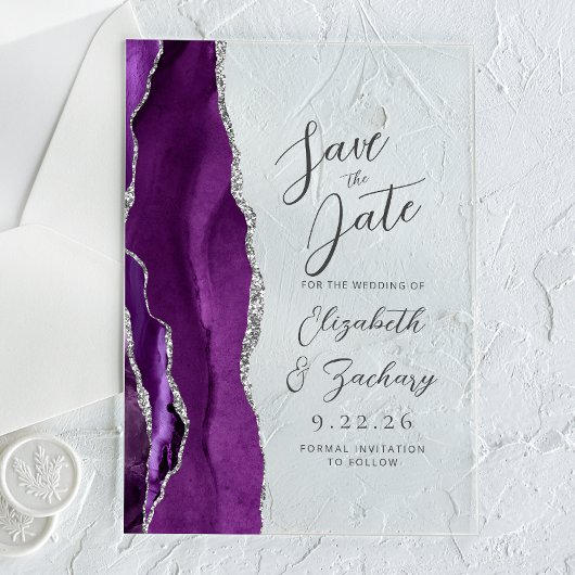 Agate Paarse Zilveren Script Trouw Save the Date Acryl Uitnodigingen