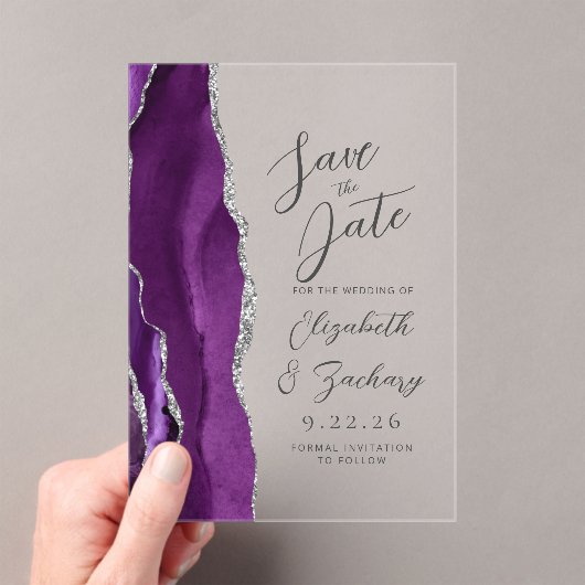 Agate Paarse Zilveren Script Wedding Save the Date Acryl Uitnodigingen (Insitu (Draagbaar))