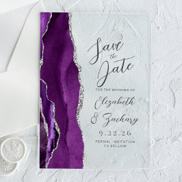 Agate Paarse Zilveren Script Wedding Save the Date Acryl Uitnodigingen