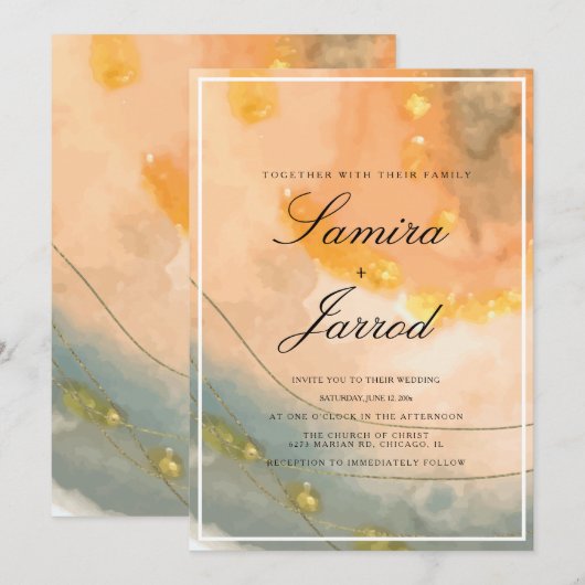 Agate Peach Hand Waterverf en Faux Gold Wedding Kaart (Voorkant / Achterkant)