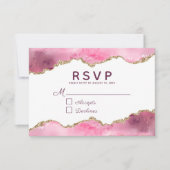 Agate Pink Burgundy Gold Glitter Geode Wedding RSVP Kaartje (Voorkant)