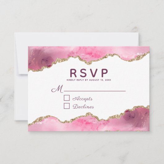 Agate Pink Burgundy Gold Glitter Geode Wedding RSVP Kaartje (Voorkant)