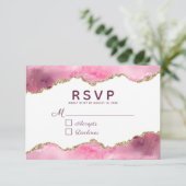 Agate Pink Burgundy Gold Glitter Geode Wedding RSVP Kaartje (Staand voorkant)