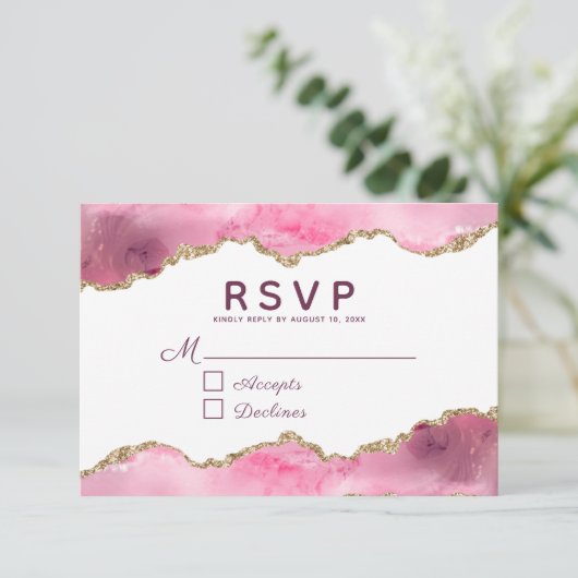 Agate Pink Burgundy Gold Glitter Geode Wedding RSVP Kaartje (Staand voorkant)