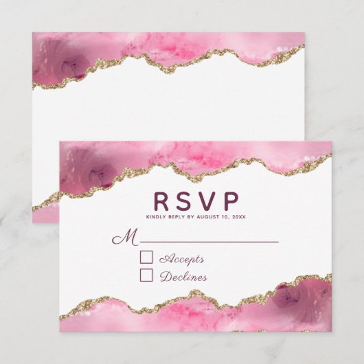 Agate Pink Burgundy Gold Glitter Geode Wedding RSVP Kaartje (Voorkant / Achterkant)