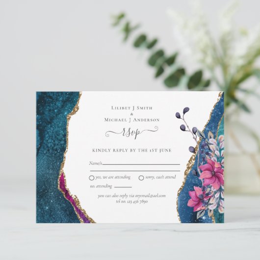 Agate Pink Paarse Floral RSVP Weddenschap Kaart Kl (Staand voorkant)