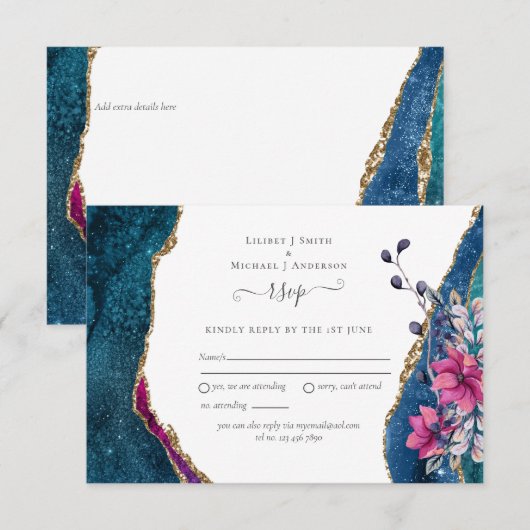 Agate Pink Paarse Floral RSVP Weddenschap Kaart Kl (Voorkant / Achterkant)