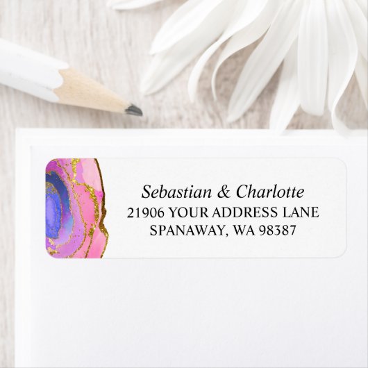 Agate Pink Waterverf Ombre Modern Gold Adres Etiket (Insitu)