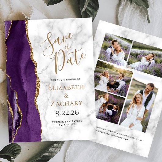 Agate Purple Gold Marble 5-Photo Save the Date Kaart